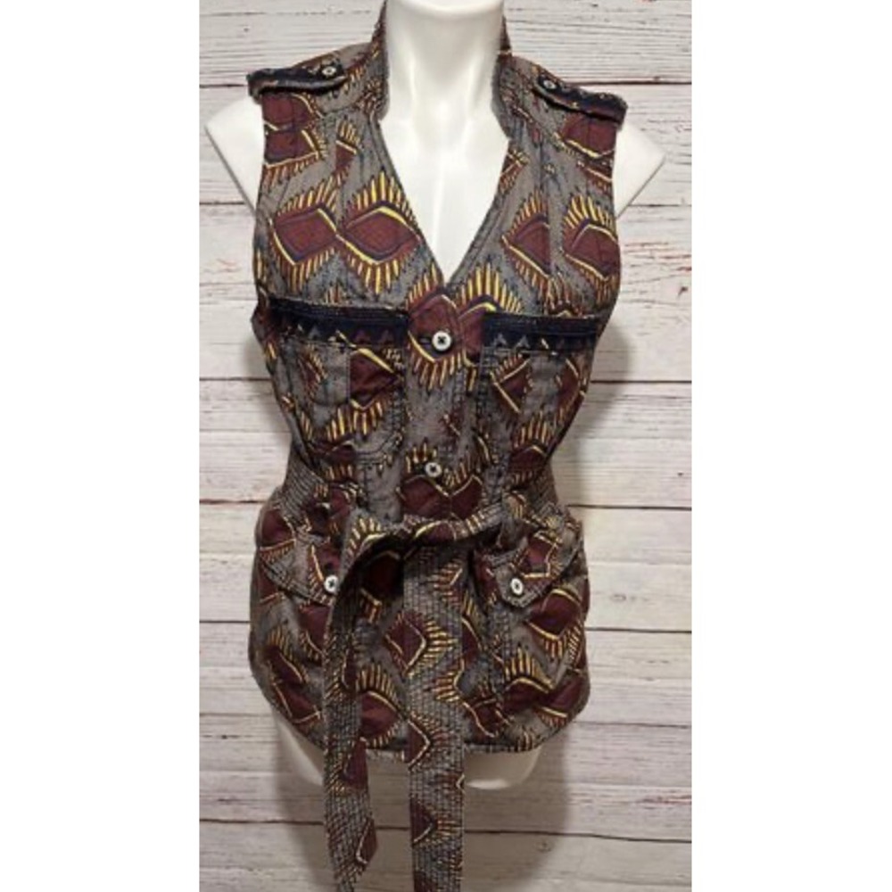 Anthropologie Womens Size M Elevenses Geo Safari Belted Sleeveless Vest Buttons